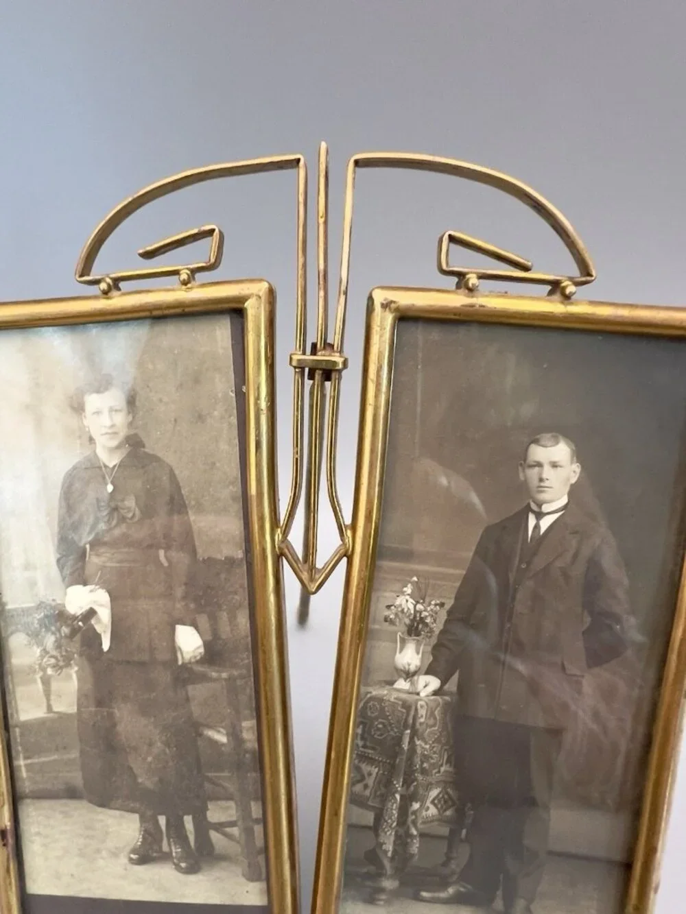 Antique Louis XVI Gilt Brass Double Picture Frame German Portraits Wittenberg